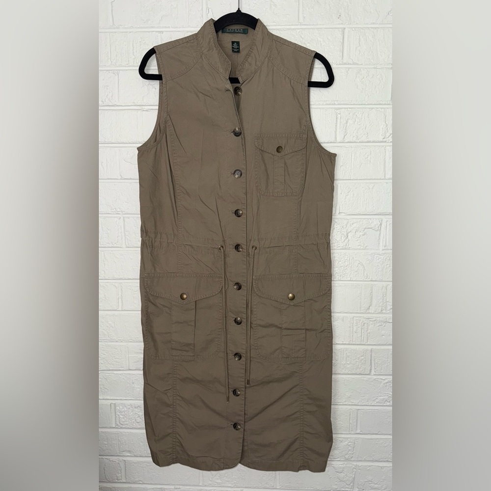 LAUREN RALPH LAUREN Women’s Button Front Drawstring Waist Cotton Dress Sz 10 ✨ - Picture 2 of 8
